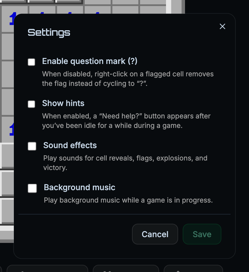 Settings dialog showing toggles for Question Marks, Hints, Sound, and Music